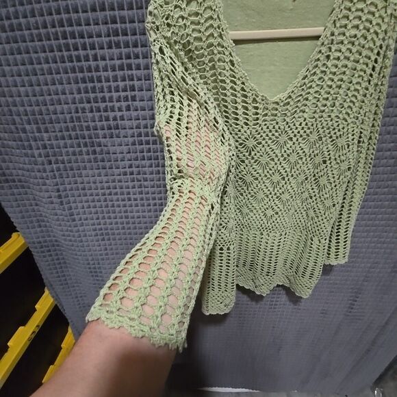 Y2K Green Crochet Sweater Top Sz2X Open Knit Boho Fairy Cottage Coastal Grandma - Picture 7 of 16